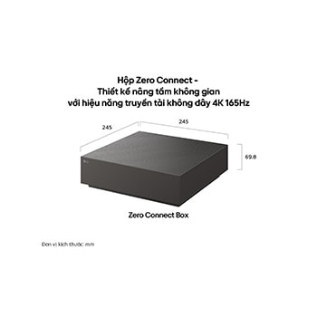 The Zero Connect Box, installed with LG OLED evo AI W6 Wallpaper TV, features a compact rectangular design measuring 245 by 245 mm with a height of 69.8 mm, illustrating a clean wireless TV setup that is now 35% smaller than before.